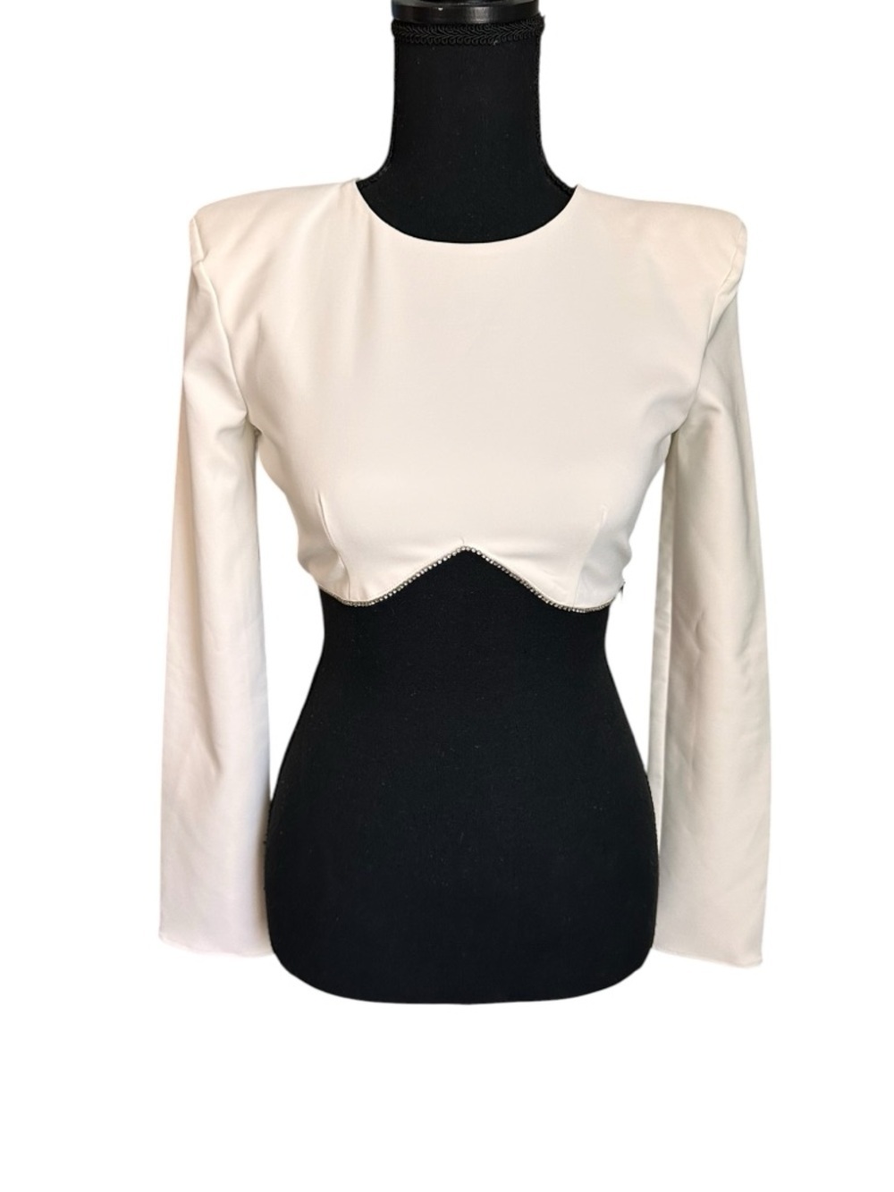 Zara White Cream Rhinestone Hem Padded Shoulder Back side Zip Cropped Top Sz XS